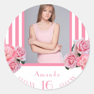 Sticker Rond Sweet 16 rose blanc rayures fleurs photo