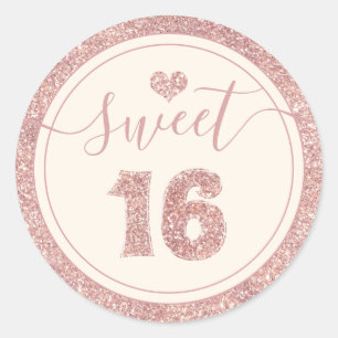 Sticker Rond Sweet 16 Rose Gold Faux Parties scintillant Coeur 