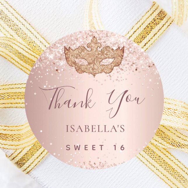 Sticker Rond Sweet 16 rose mascarade or Merci rose (Créateur téléchargé)
