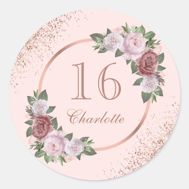 Sticker Rond Sweet 16 Rose Or Blush rose Floral Anniversaire (Devant)