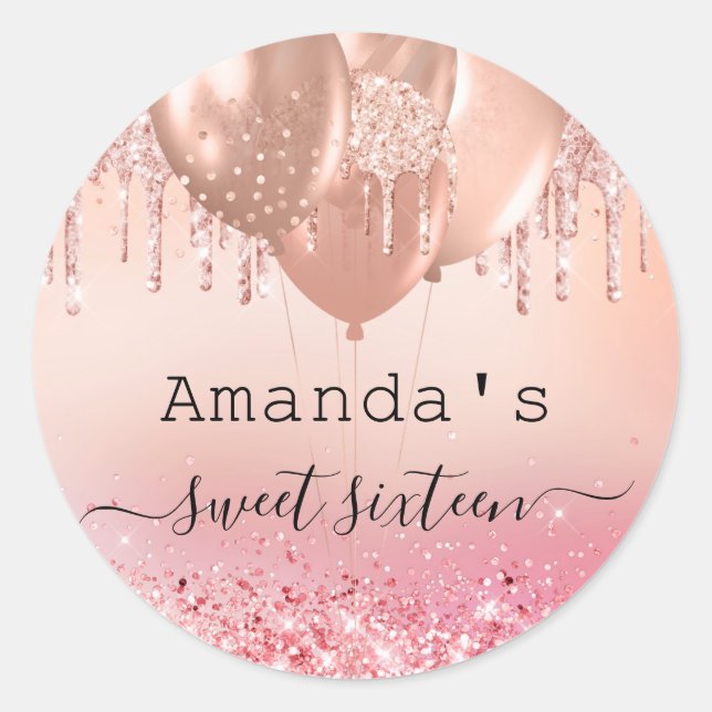 Sticker Rond Sweet 16 rose or blush rose parties scintillant no (Devant)