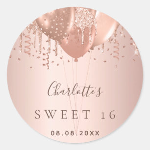 Sticker Rond Sweet 16 roses en or parties scintillant ballons m