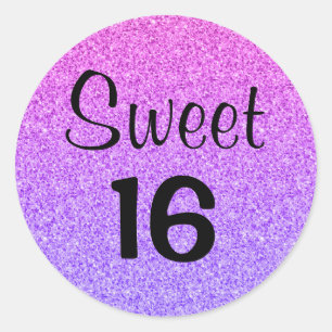 Sticker Rond Sweet 16 Seize Ombre Violet Paillettes Étincelles