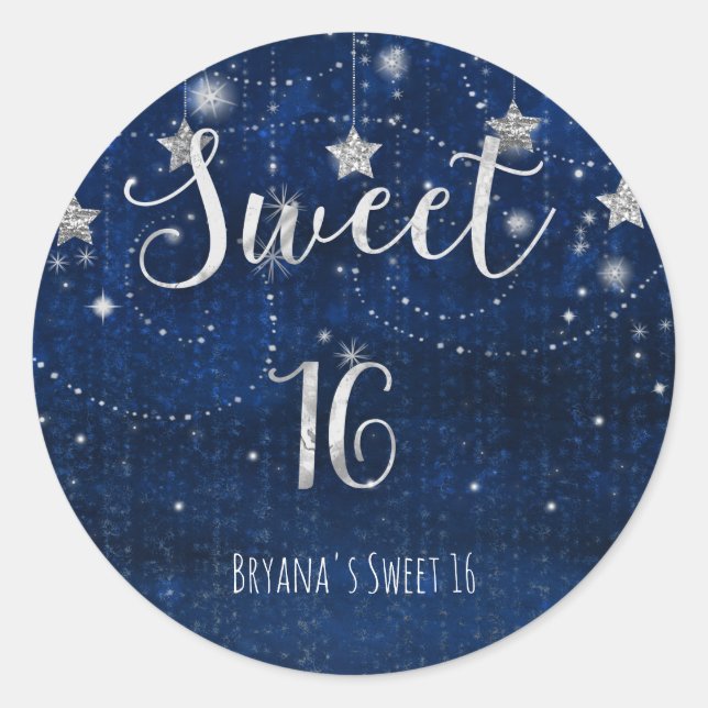 Sticker Rond Sweet 16 Starry Night Silver Blue Celestial Favor (Devant)