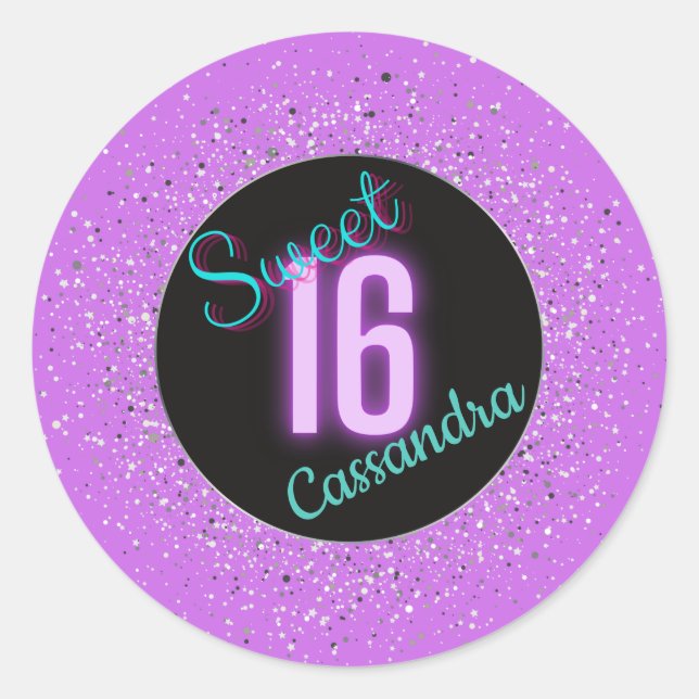 Sticker Rond Sweet 16 violet argenté brillance personnalisée (Devant)