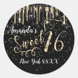 Sticker Rond Sweet 16e Party Gold Confetti Drips Noir Blanc