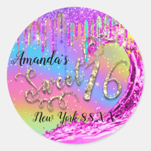 Sticker Rond Sweet 16ème Parti rose Vagues Confetti Arc-en-ciel