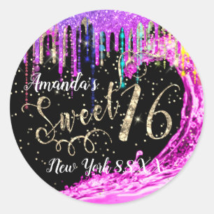Sticker Rond Sweet 16ème Parti rose Vagues Confetti Arc-en-ciel