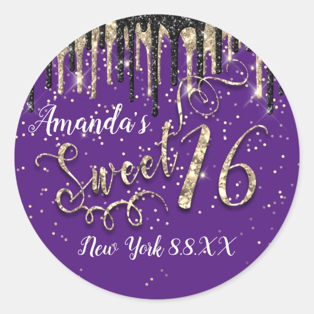 Sticker Rond Sweet 16ème Party Gold Confetti Drips Black Purple (Devant)