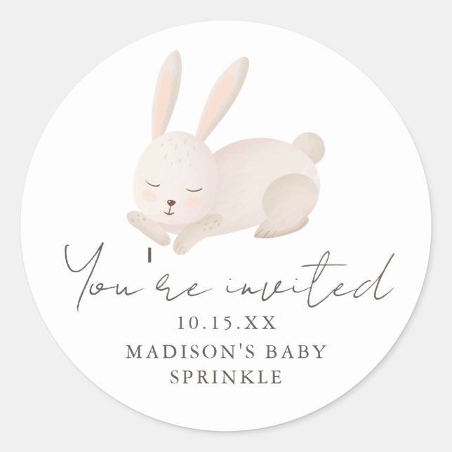 Sticker Rond Sweet Bunny Vous êtes invité Script Baby Sprinkle (Devant)