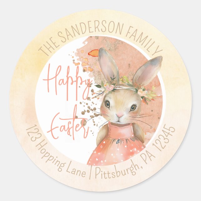 Sticker Rond Sweet Floral Bunny Happy Pâques Adresse de retour (Devant)