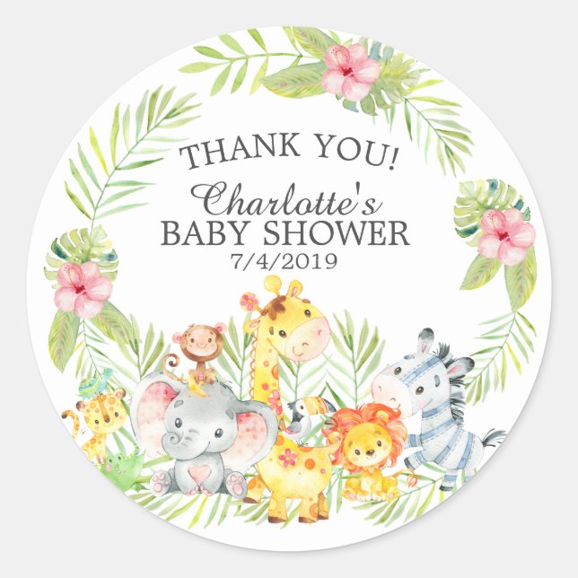Sticker Rond Sweet Jungle Animaux Baby shower Merci Favor (Devant)