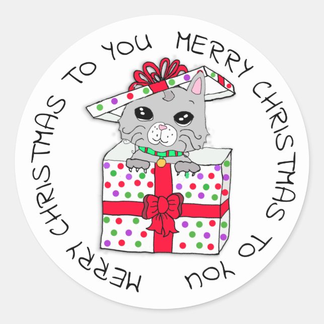 Sticker Rond Sweet Kitten dans boîte cadeau de Noël (Devant)