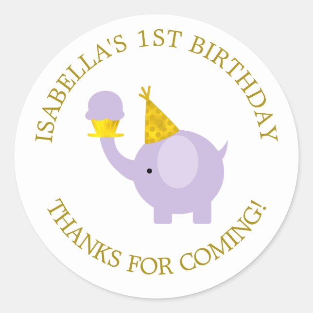 Sticker Rond Sweet Lavender Elephant fête d'anniversaire (Devant)