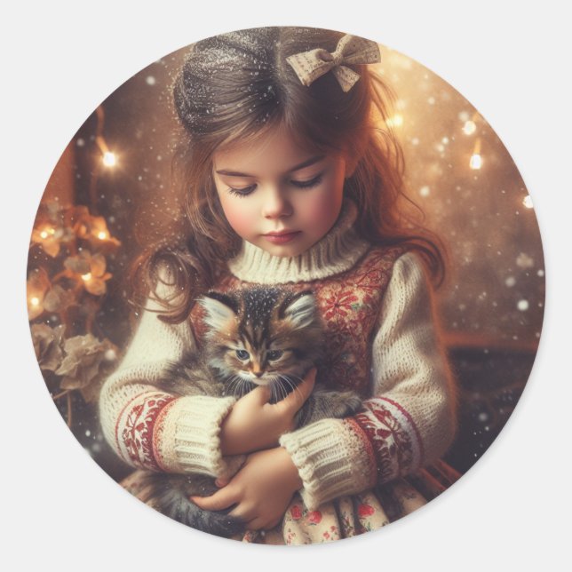 Sticker Rond Sweet Little Girl and Kitten Christmas (Devant)