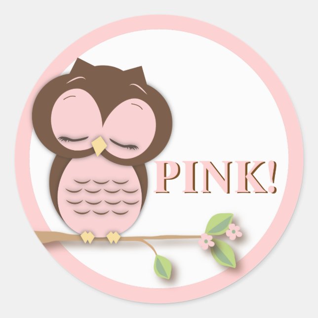 Sticker Rond Sweet Little Girl Owl sur une Branche Team PINK! (Devant)
