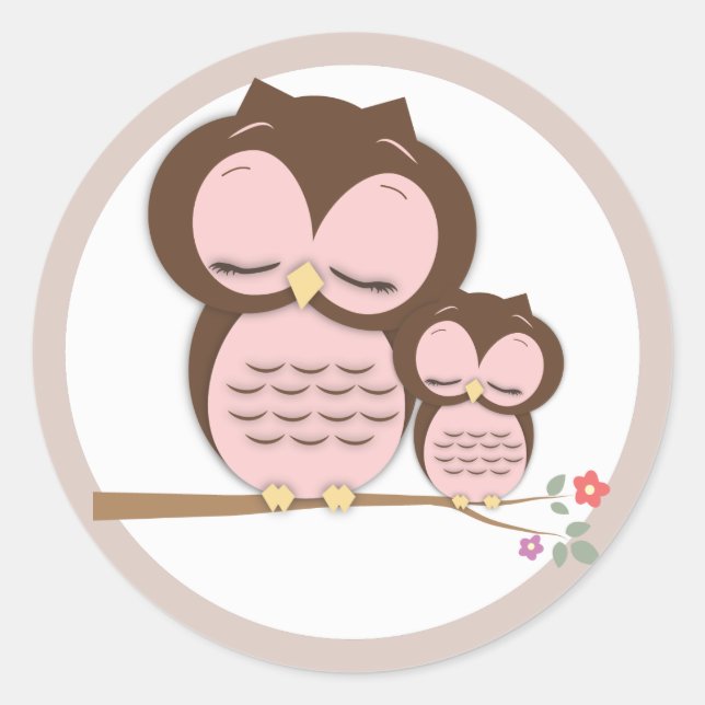 Sticker Rond Sweet Little Mama & Baby Owl sur une branche (Devant)