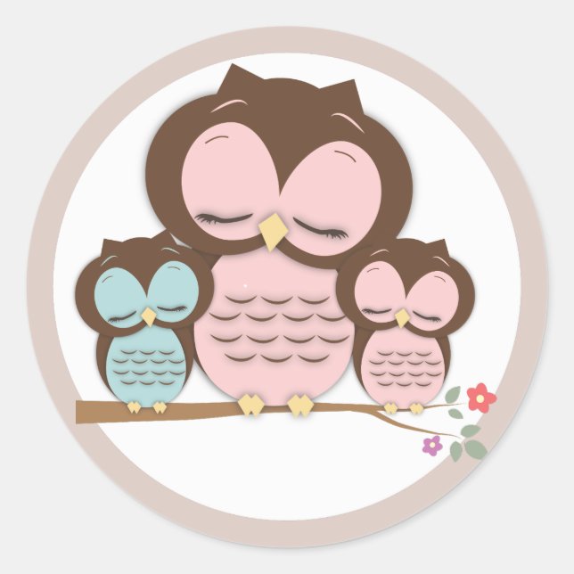 Sticker Rond Sweet Little Mama & Twin Baby Owens sur une branch (Devant)