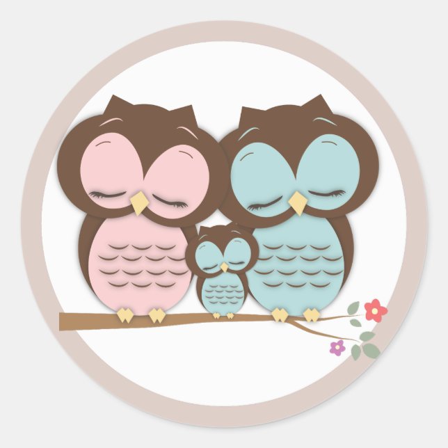 Sticker Rond Sweet Little Owl Family sur une branche (Devant)