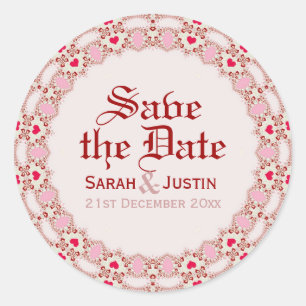 Sticker Rond Sweet Love Hearts Dentelle Enregistrer la date ron