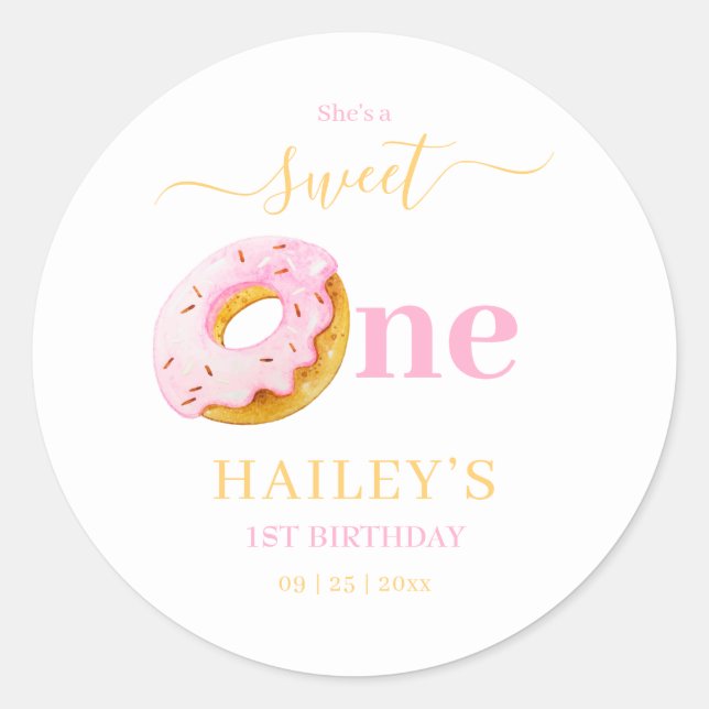 Sticker Rond Sweet One Donuts Anniversaire Invitation, Filles 1 (Devant)