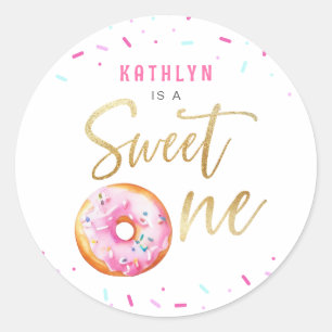 Sticker Rond Sweet One Rose Gold Donut Sprinkles Girl Anniversa