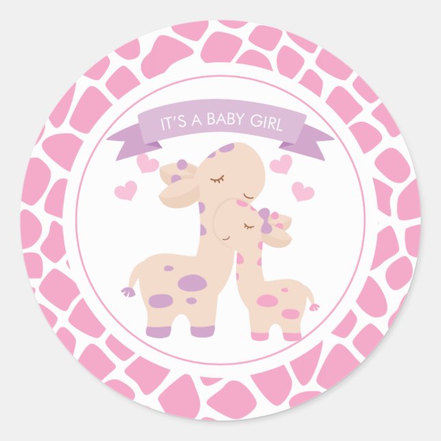 Sticker Rond Sweet rose Baby Girl Giraffe Jungle Baby shower (Devant)