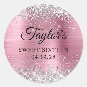 Sticker Rond Sweet sixteen à huile rose Parties scintillant arg