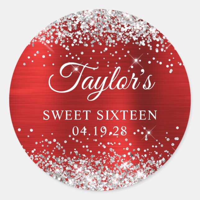 Sticker Rond Sweet sixteen à huile rouge Parties scintillant ar (Devant)