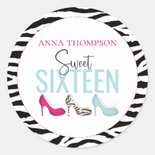 Sticker Rond Sweet sixteen Anniversaire Fille Rose Whimsical Ch