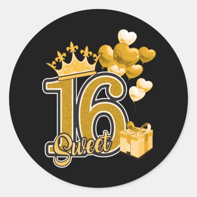 Sticker Rond Sweet sixteen Anniversaire Or (Devant)