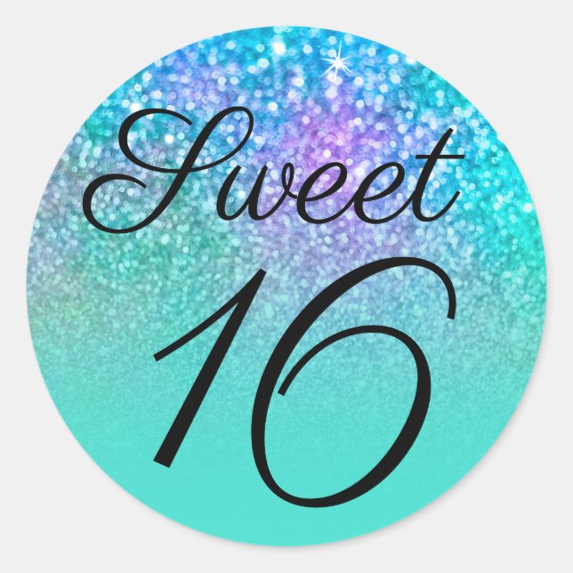Sticker Rond Sweet sixteen de Parties scintillant Turquoise Omb (Devant)