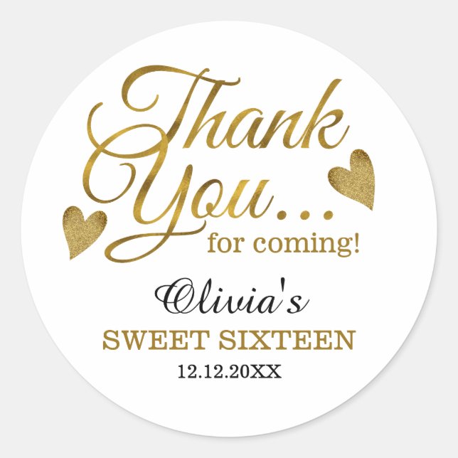 Sticker Rond Sweet sixteen d'or 16e anniversaire Merci Faveurs (Devant)