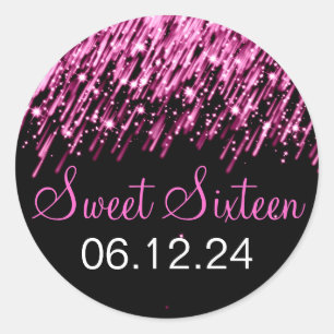 Sticker Rond Sweet sixteen en chute des étoiles rose
