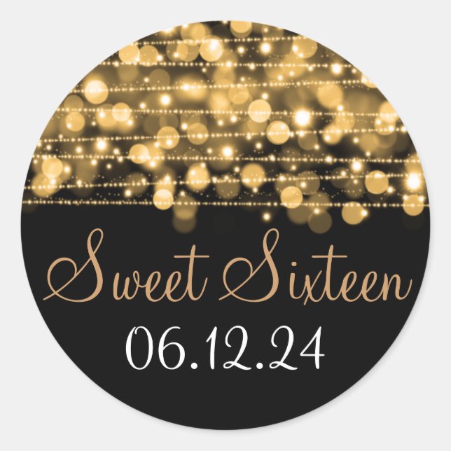 Sticker Rond Sweet sixteen Favor Party Sparkles Gold (Devant)