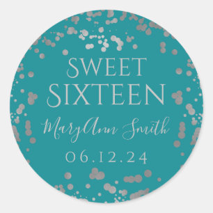 Sticker Rond Sweet sixteen Fille Argent Confetti Turquoise