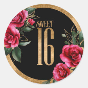 Sticker Rond Sweet sixteen floral à huile d'or noir ID756