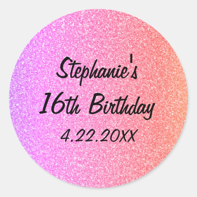 Sticker Rond Sweet sixteen Glittery rose 16ème anniversaire (Devant)