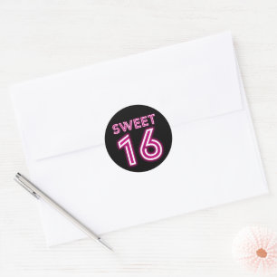 Sticker Rond Sweet sixteen Neon tendance Hot rose et noir