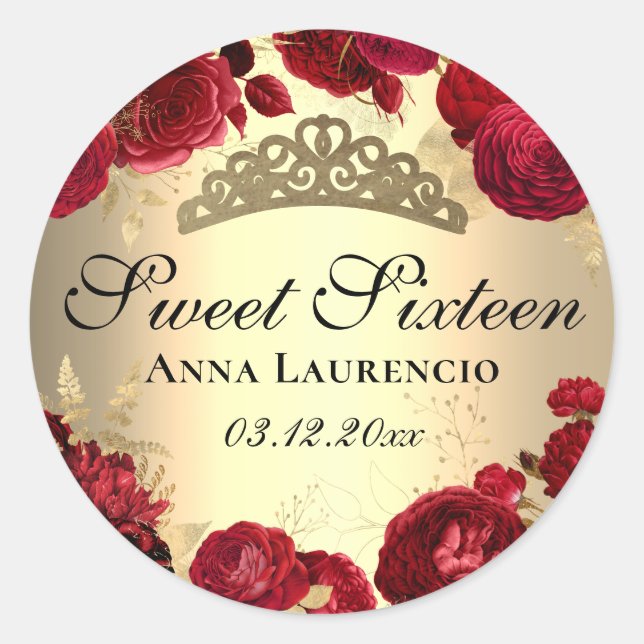 Sticker Rond Sweet sixteen or rouge Floral Rose (Devant)