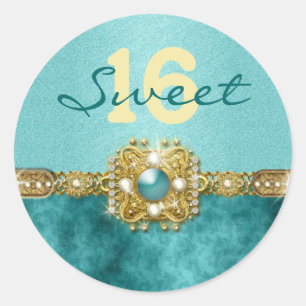 Sticker Rond "sweet sixteen" or turquoise 16 ans