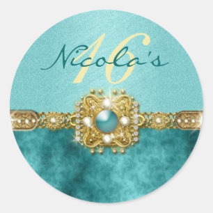Sticker Rond "sweet sixteen" or turquoise 16 ans