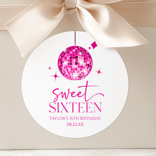 Sticker Rond Sweet sixteen Pink Disco Ball 16e fête d'anniversa