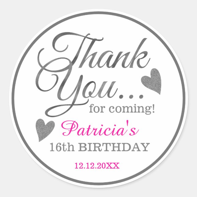 Sticker Rond Sweet sixteen rose argent Merci d'anniversaire (Devant)