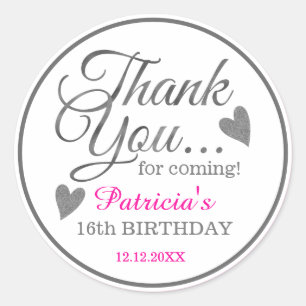 Sticker Rond Sweet sixteen rose argent Merci d'anniversaire