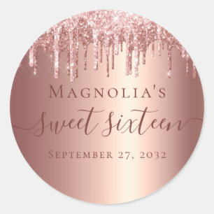Sticker Rond Sweet sixteen rose Parties scintillant or 