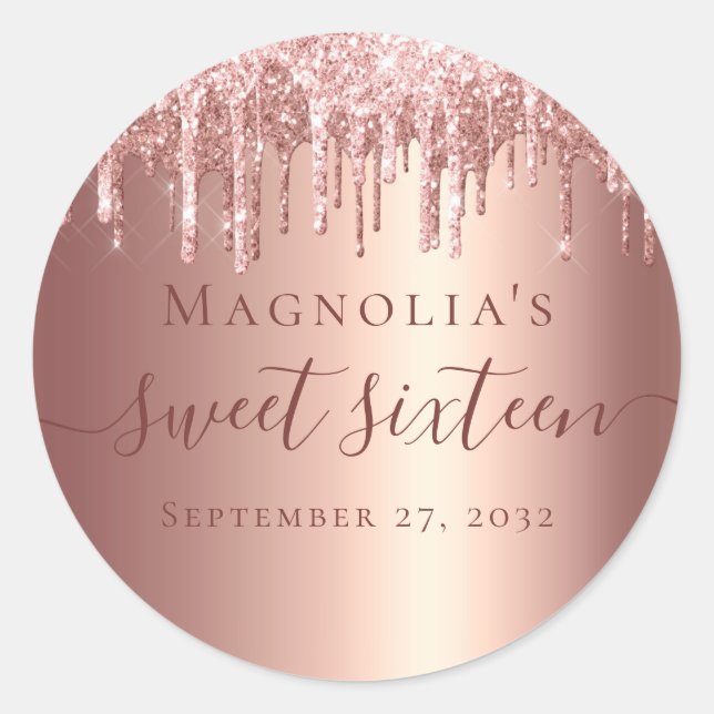 Sticker Rond Sweet sixteen rose Parties scintillant or  (Devant)