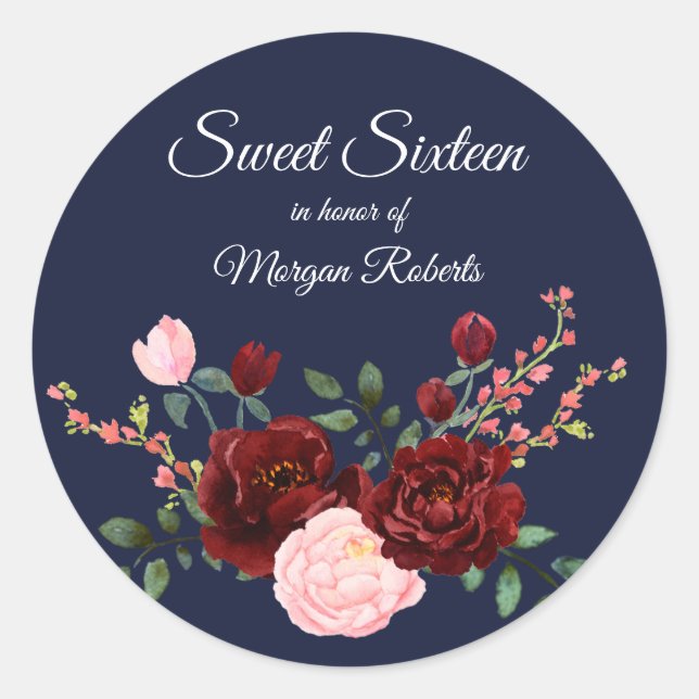 Sticker Rond Sweet sixteen rose rose bleu de marine (Devant)