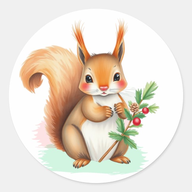 Sticker Rond Sweet Squirrel tenant Holly Branch Noël (Devant)