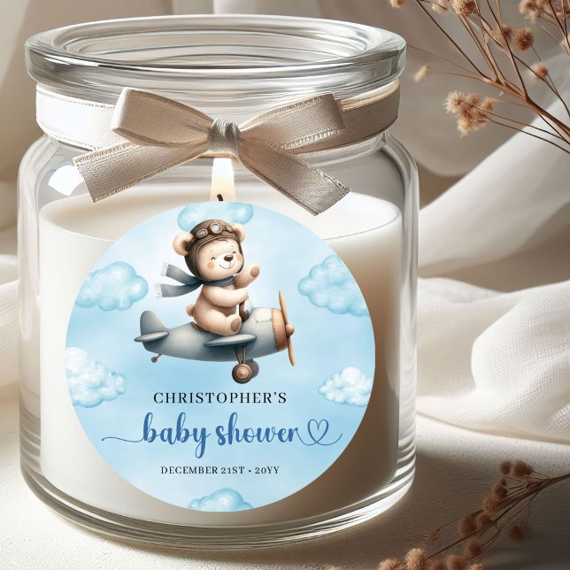 Sticker Rond Sweet Teddy Bear Pilot Blue Brown Boy Baby Shower  (Sweet Teddy Bear Pilot Blue Brown Boy Baby Shower Sticker)